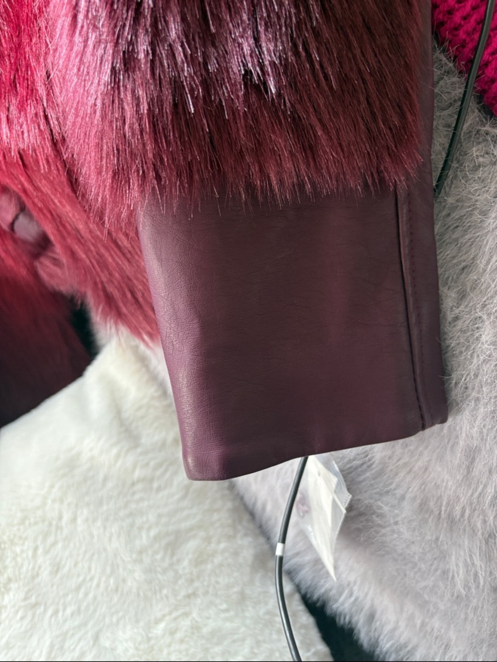 New York & Company Women's Burgundy Faux Fur Jacket with Leather-look Sleeves - Picture 7 of 10